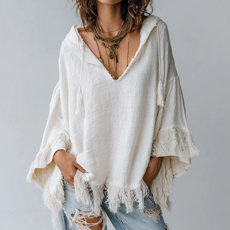 Ursime Boho V Neck Flare Sleeve Fringed Drawstring Hoodie