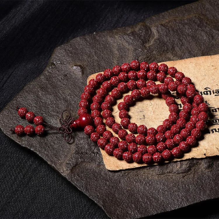 Cinnabar 108 Mala Beads Om Mani Padme Hum Pattern Engraved Blessing Bracelet