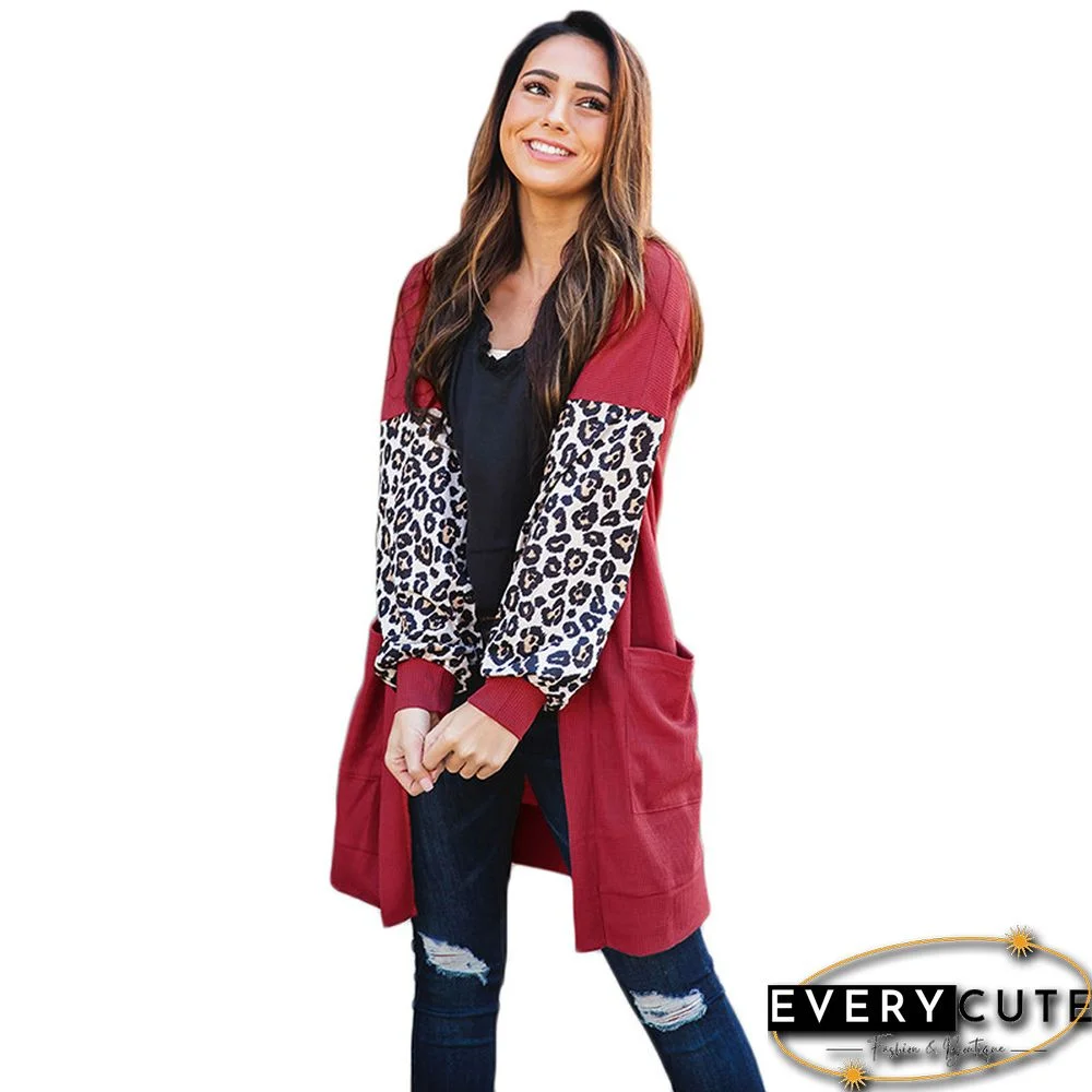 Red Splice Leopard Long Sleeve Pocketed Cardigan