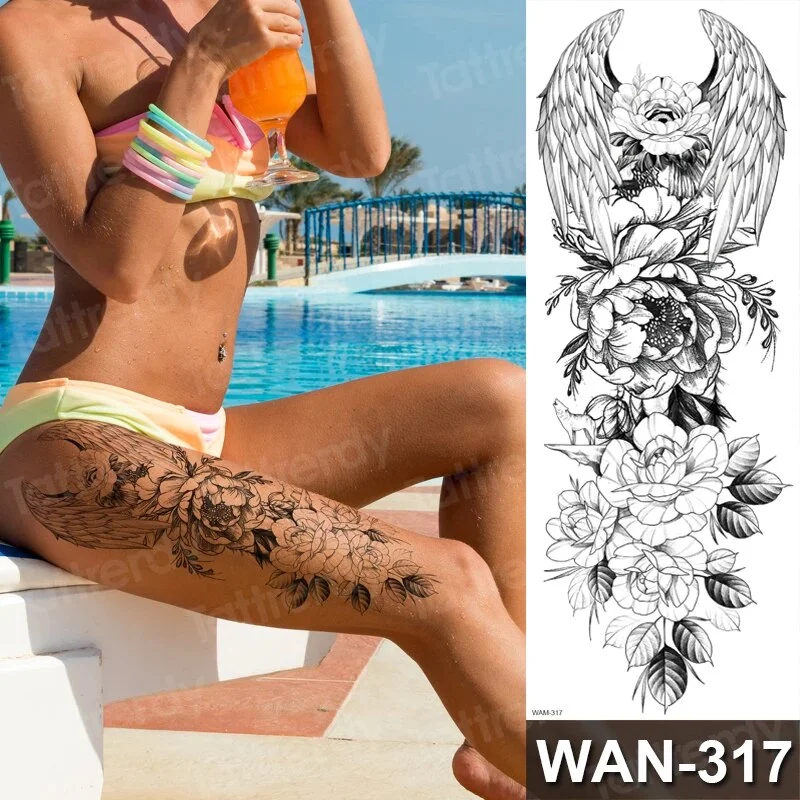 Sdrawing Size Leg Thigh Temporary Tattoo Stickers Full Arm Sleeve Wolf Carp Fox Peony Flower Fake Tattoo Sleeves Sexy Body Painting