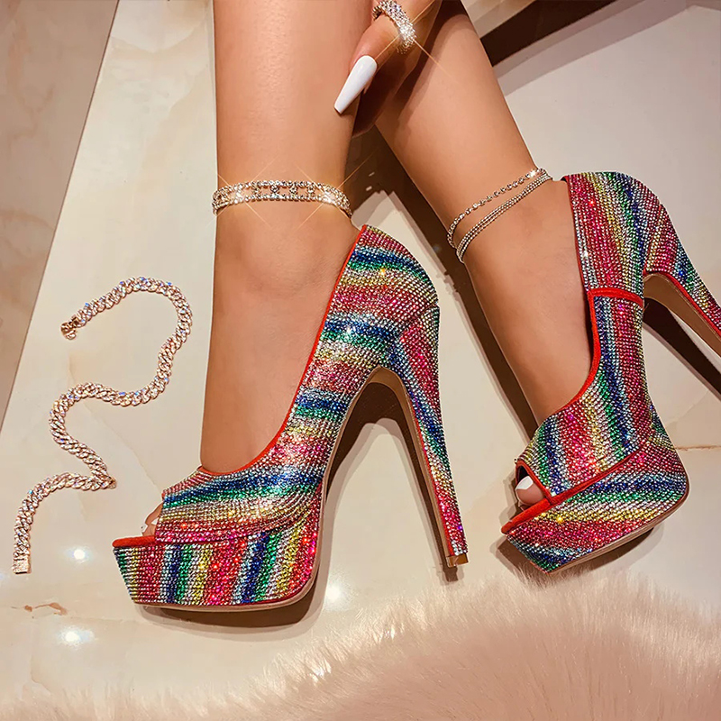 GOOSHOE Green Crystal Chunky Heel Mirror Leather Pumps