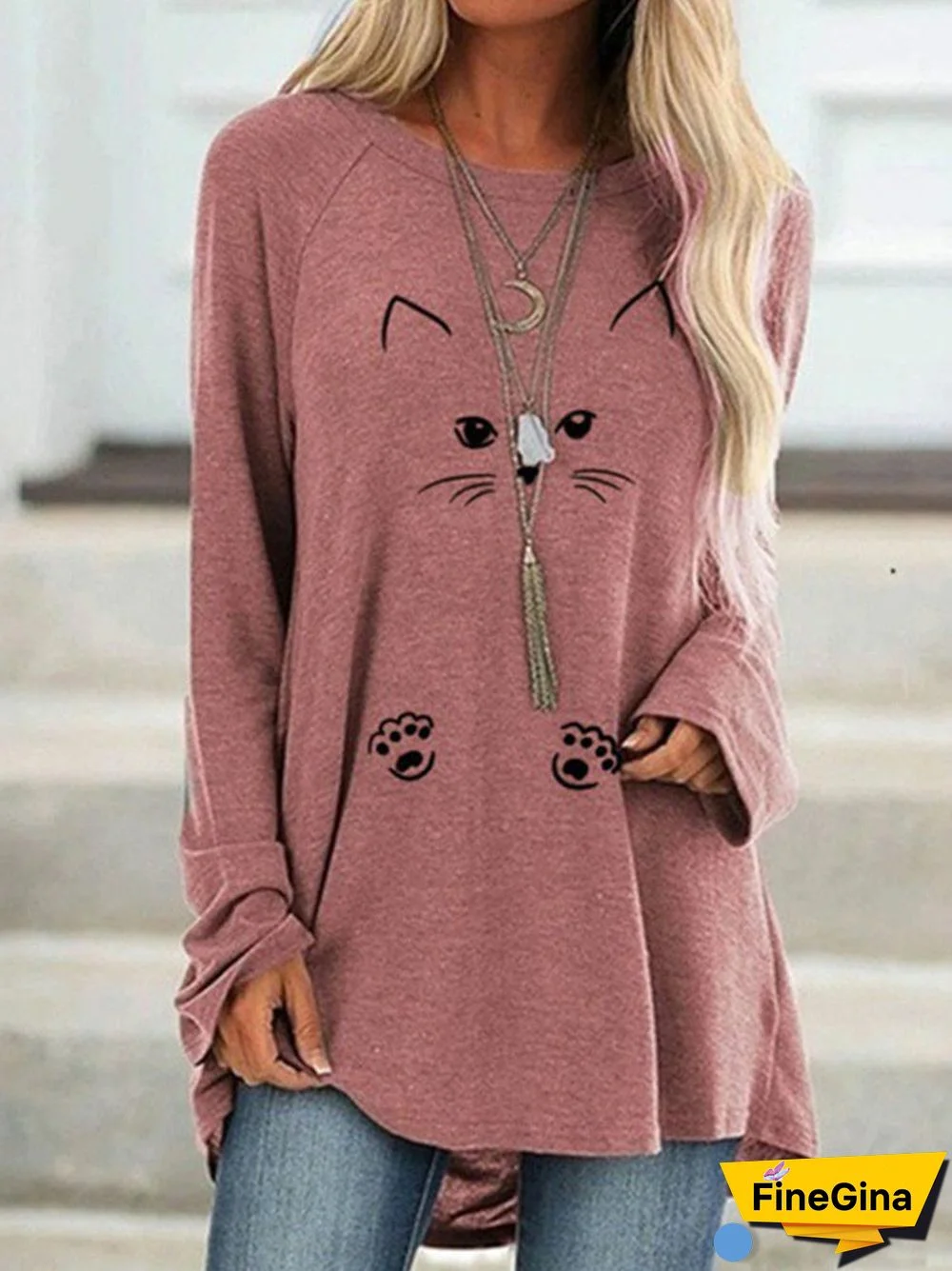 Women's Cat Printed Long Sleeve Scoop Neck Top