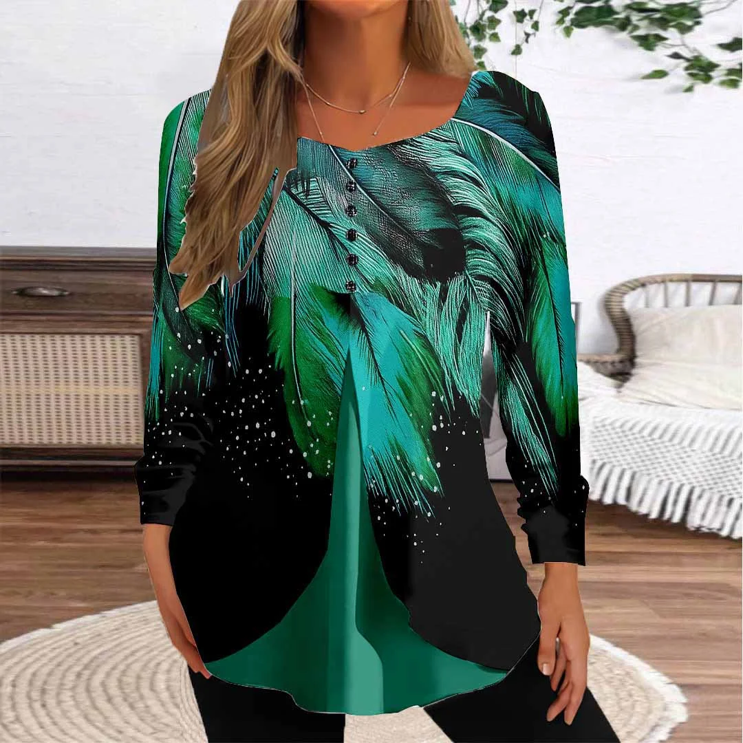 Women Floral,Green DZGG8352 Long Sleeve Scoop Neck Printed Graphic Button Fake 2in1 Tops