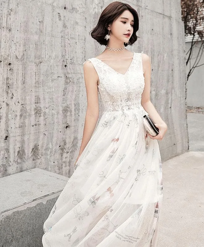 White V Neck Lace Tulle Long Prom Dress, Evening Dress