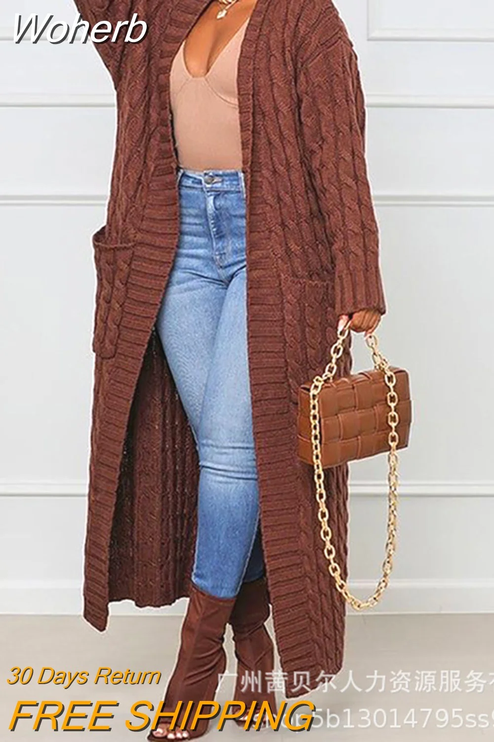 Woherb Front Cable Knit Longline Cardigan Women Long Sleeve Loose Fashion Casual Open Cardigan Knitwear Solid Color