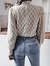 Stand Collar Puff Sleeves Lace Solid Color Fashion T-Shirt Top