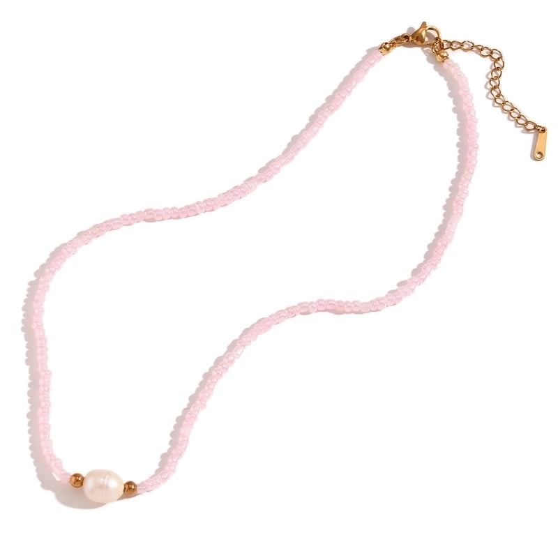 Casual Basic Solid Color 304 Stainless Steel Freshwater Pearl Seed Bead 18K Gold Plated Beaded Plating Necklace