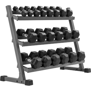 XMark 3107.1 3-Tier Dumbbell Rack with the 550 lb set of Premium Quality Rubber Coated Hex Dumbbells