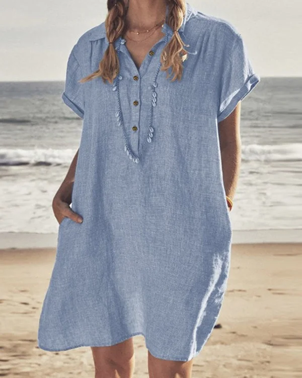 Casual Solid Lapel Pocket Linen Beach Short Dress