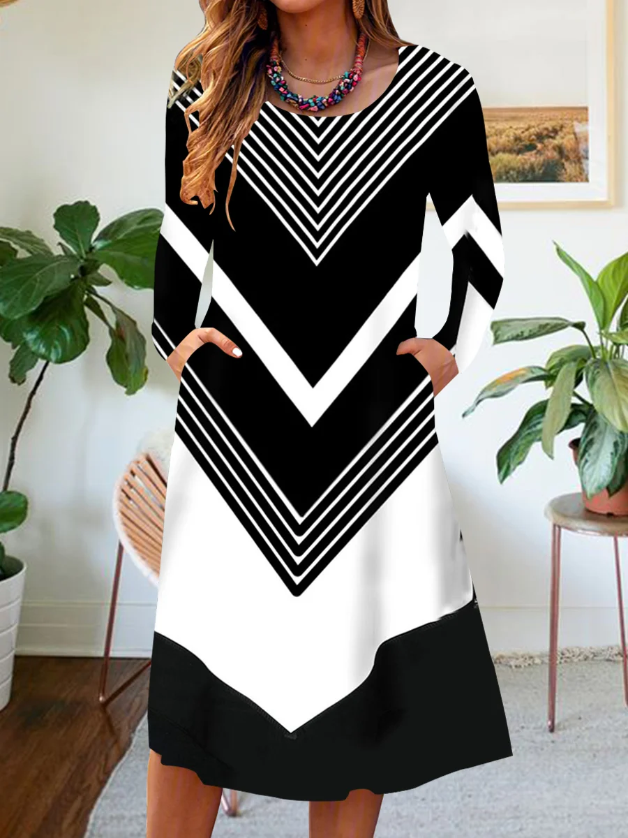 Women Long Sleeve Scoop Neck Geometric Pockets Midi Dress
