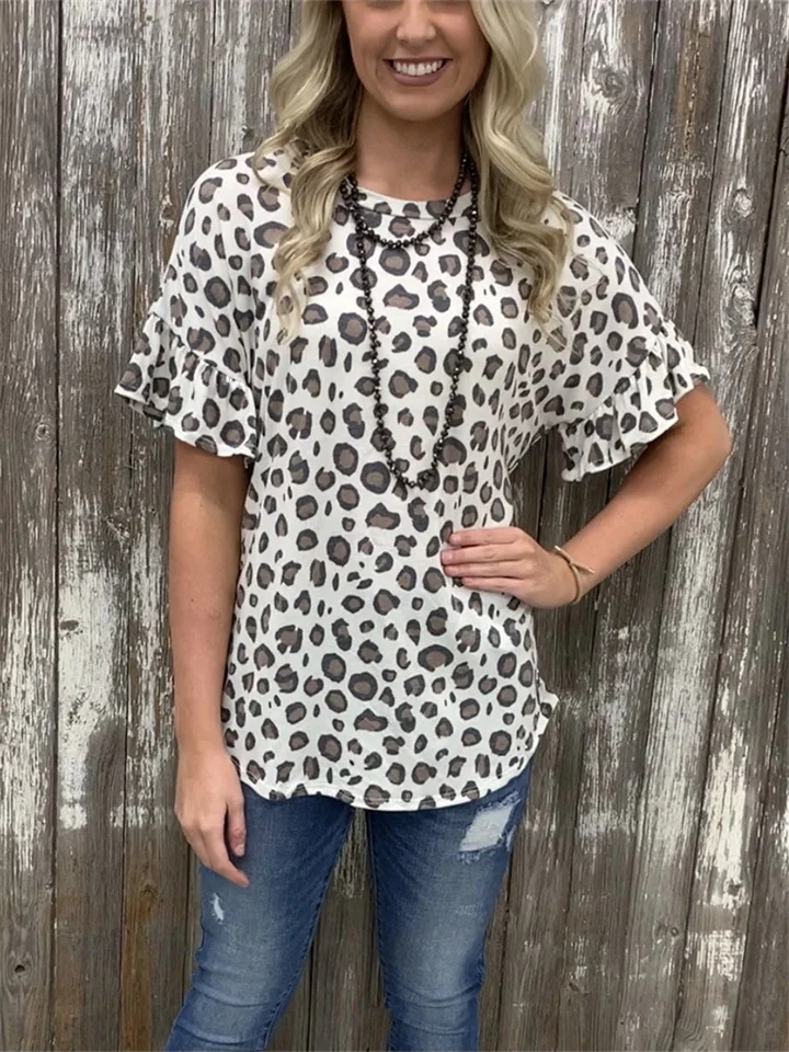 Summer Pullover Leopard Print Round Neck Loose Type Women's T-shirt-Mixcun