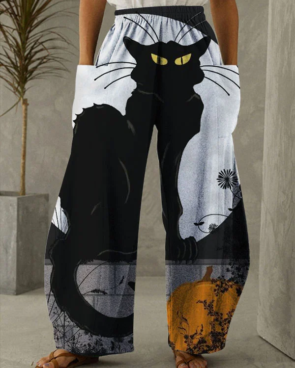 Women's Halloween Pumpkin And Cat Print Loose Pants