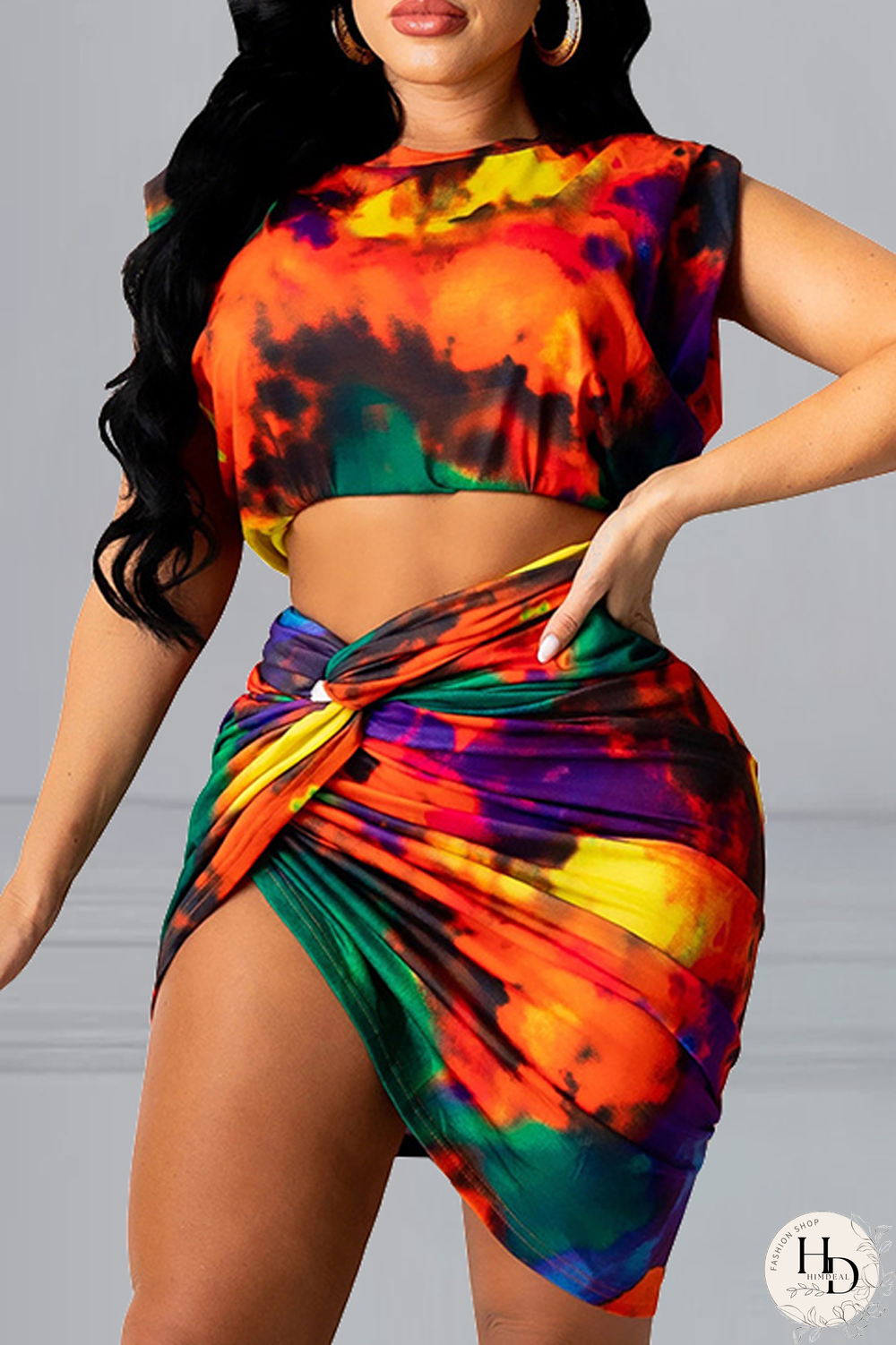 Multicolor Sexy Print Split Joint O Neck Short Sleeve Two Pieces