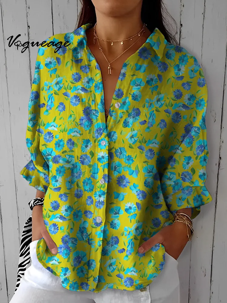Bright Gentle And Beautiful Small Flowers Printed Cotton And Linen Shirt