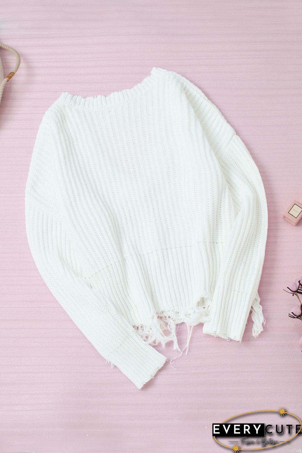 White Tainted Love Cotton Distressed Sweater