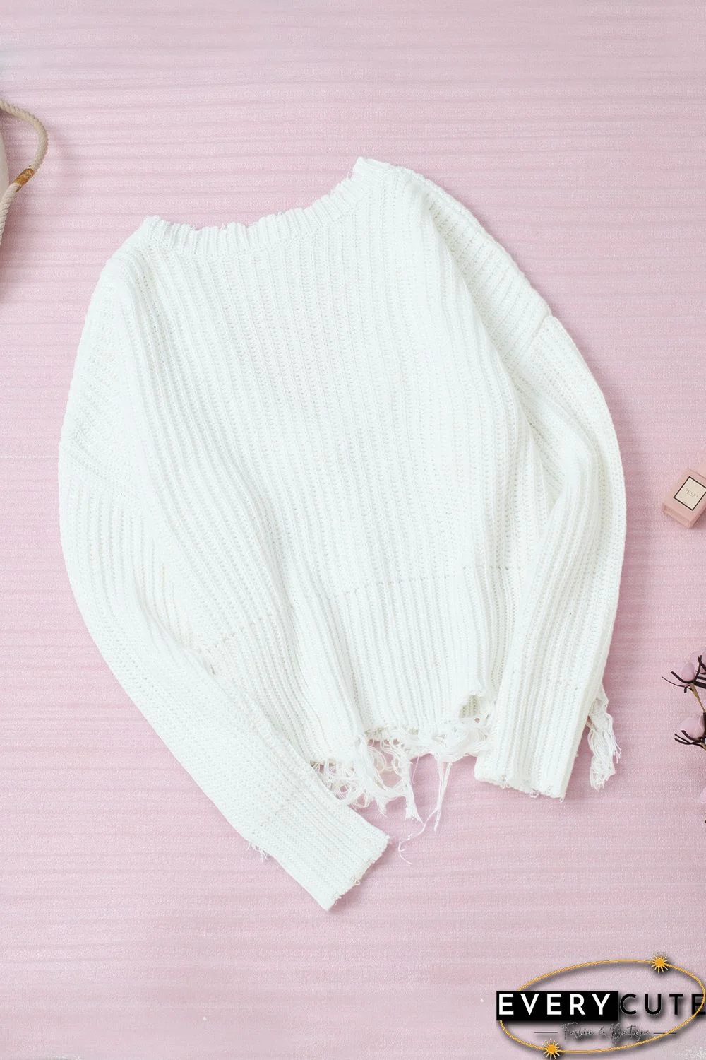 White Tainted Love Cotton Distressed Sweater