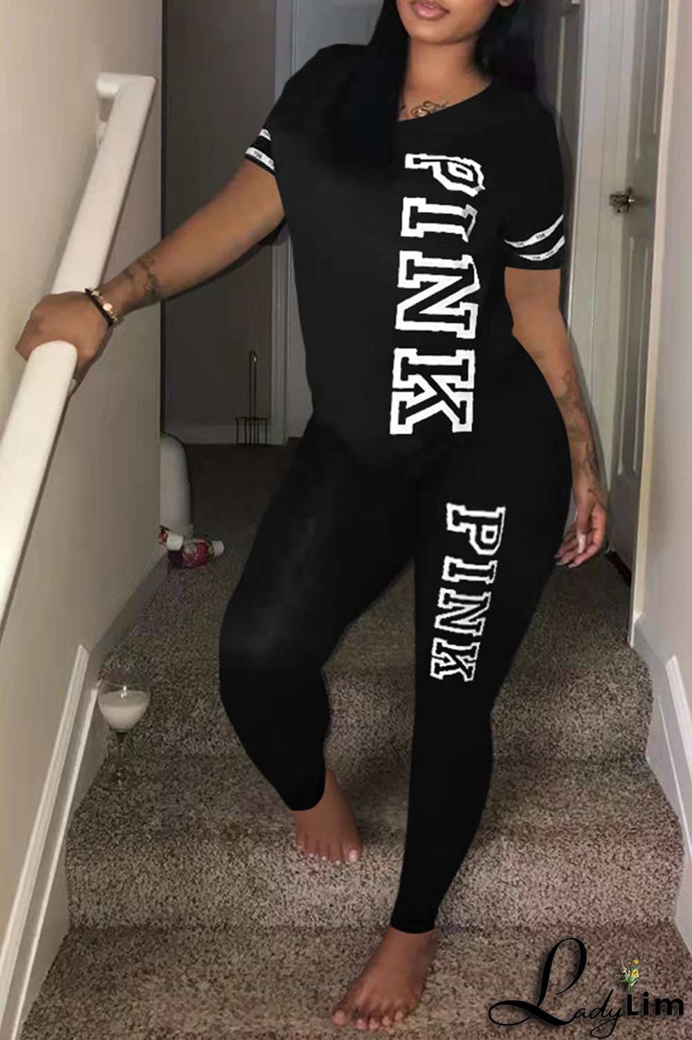 Light Purple Casual Patchwork Letter O Neck Short Sleeve Two Pieces