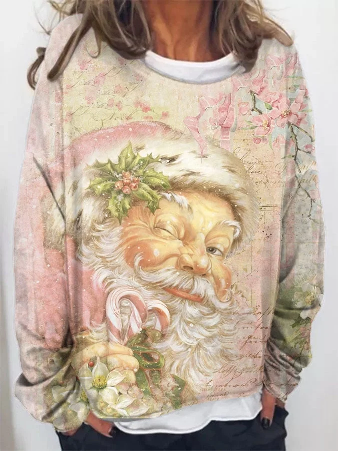 Women's Pink Vintage Santa Claus Print Pullover Sweatshirt