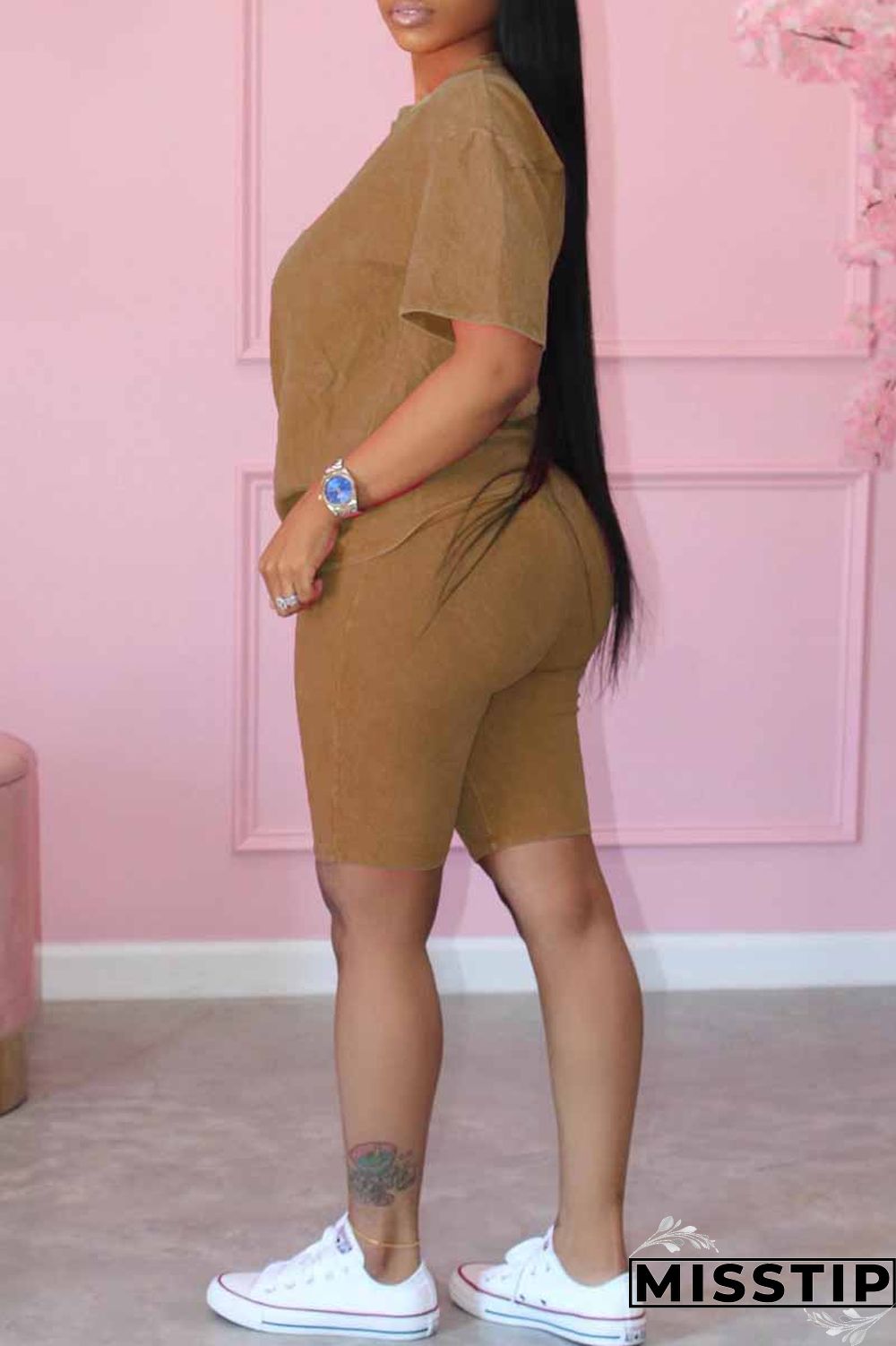 Khaki Casual Print Letter O Neck Short Sleeve Two Pieces