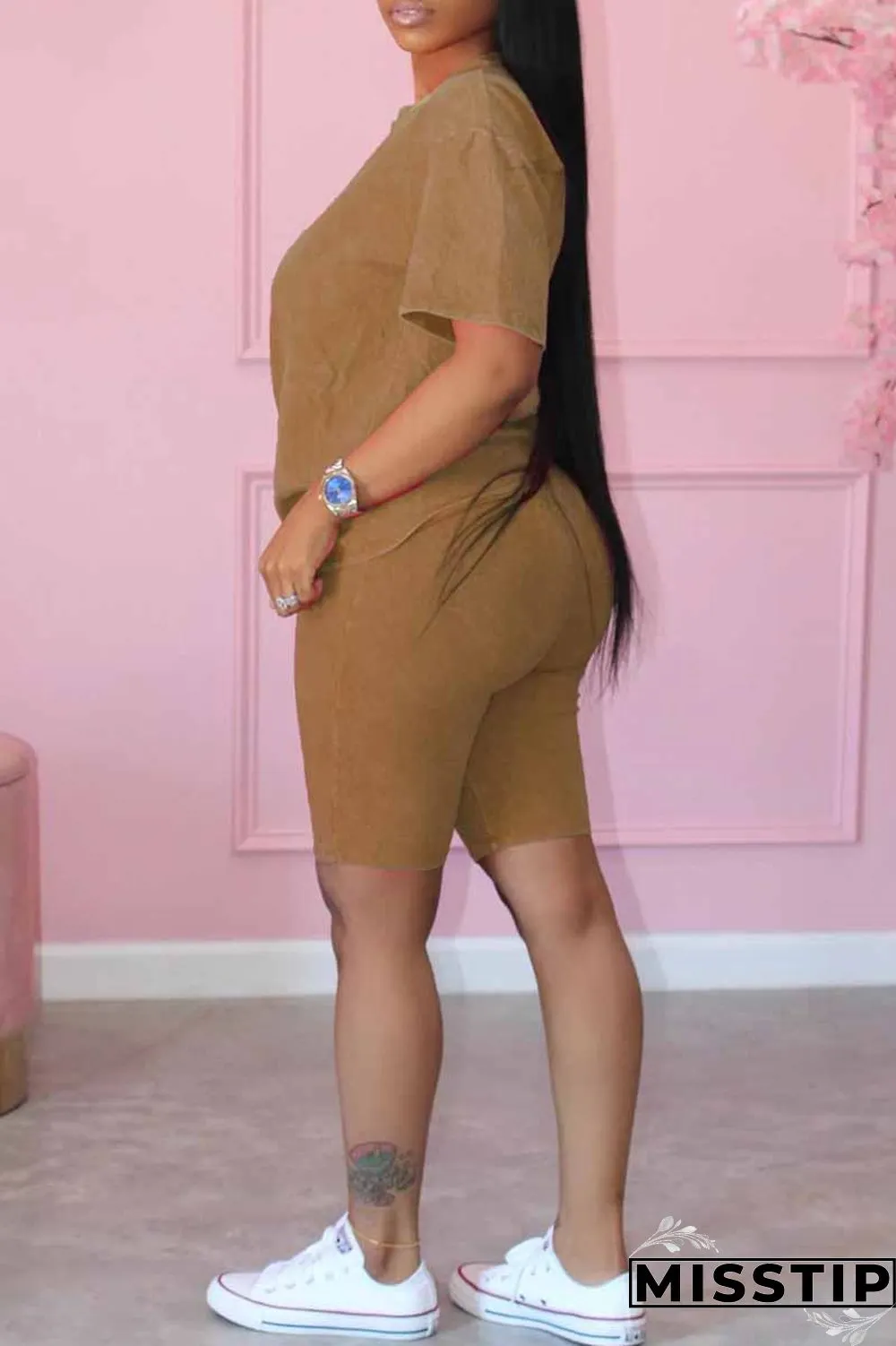 Khaki Casual Print Letter O Neck Short Sleeve Two Pieces