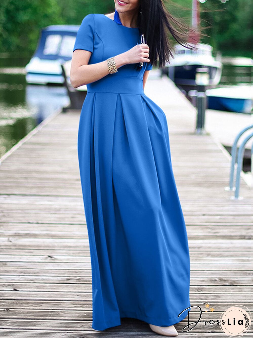 Solid Short Sleeve Pocket Crew Neck Maxi Dress