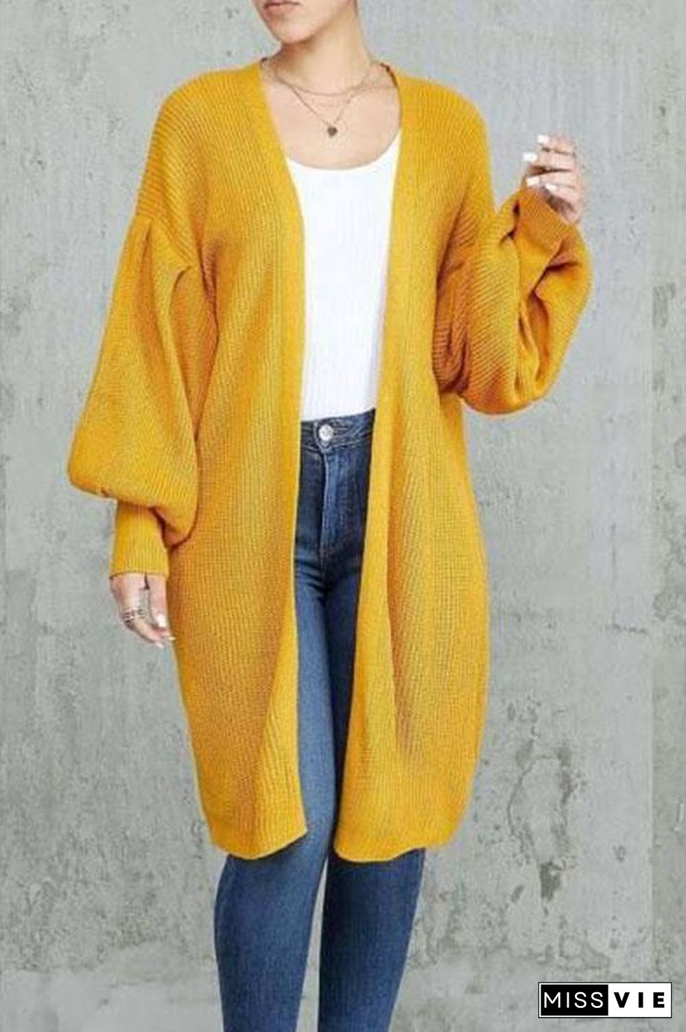 Loose Solid Color Lantern Sleeves In Long Cardigan