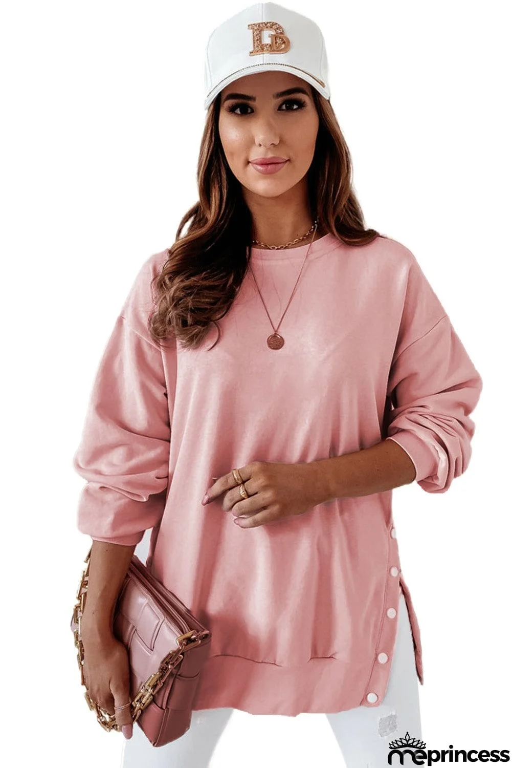 Crew Neck Slit Buttons Sweatshirt
