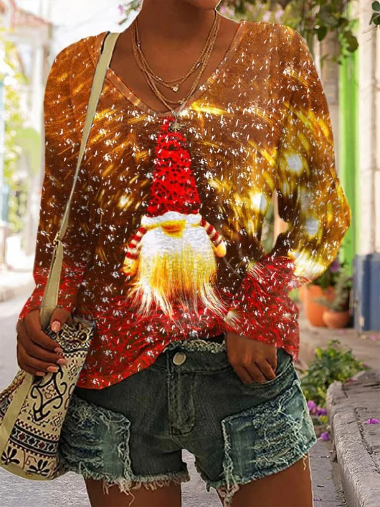 Christmas Gnome Print V Neck Long Sleeve T Shirt