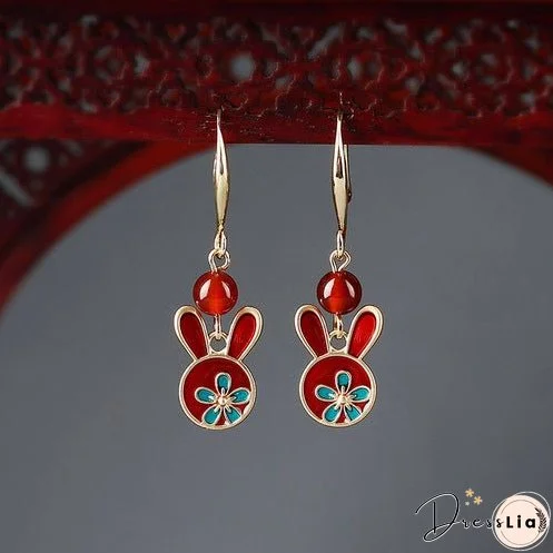 Red earrings antique rabbit earrings with cheongsam retro sterling silver ethnic earrings