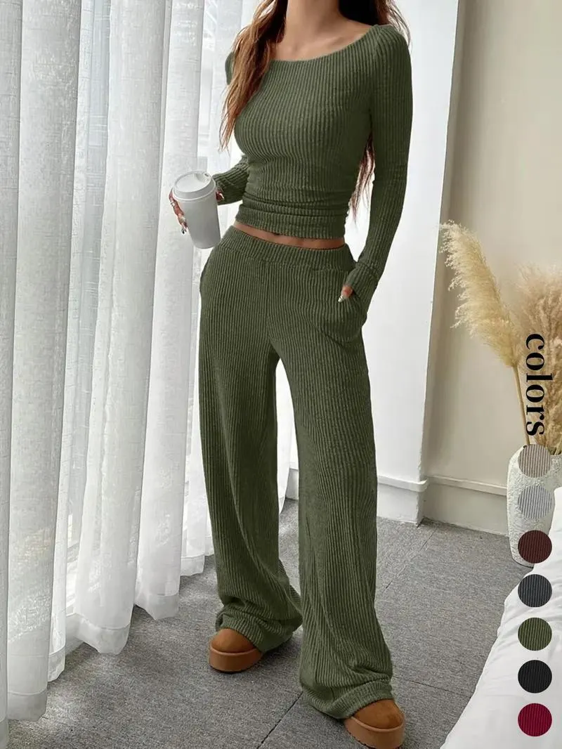 Women's Casual Striped Long Sleeve Top & Loose Pocket Pants Set, European Style Womenswear, Comfortable for Daily Wear Women's Casual Striped Long Sleeve Top & Loose Pocket Pants Set, European Style Womenswear, Comfortable for Daily Wear