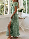 Floral Printed V-Back Puff Sleeves Maxi Dresses