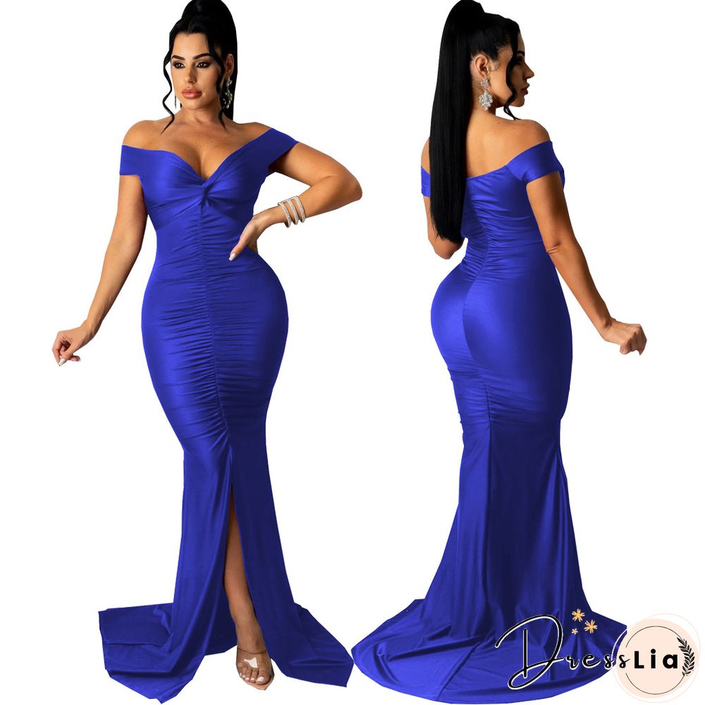 Low Cut Slash Neck Ruched Split Maxi Cocktail Dresses