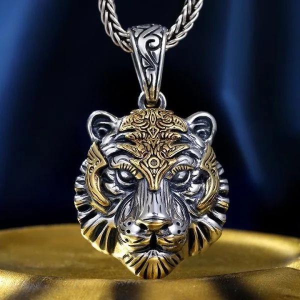 Sterling Silver Tiger Head Pendant Necklace