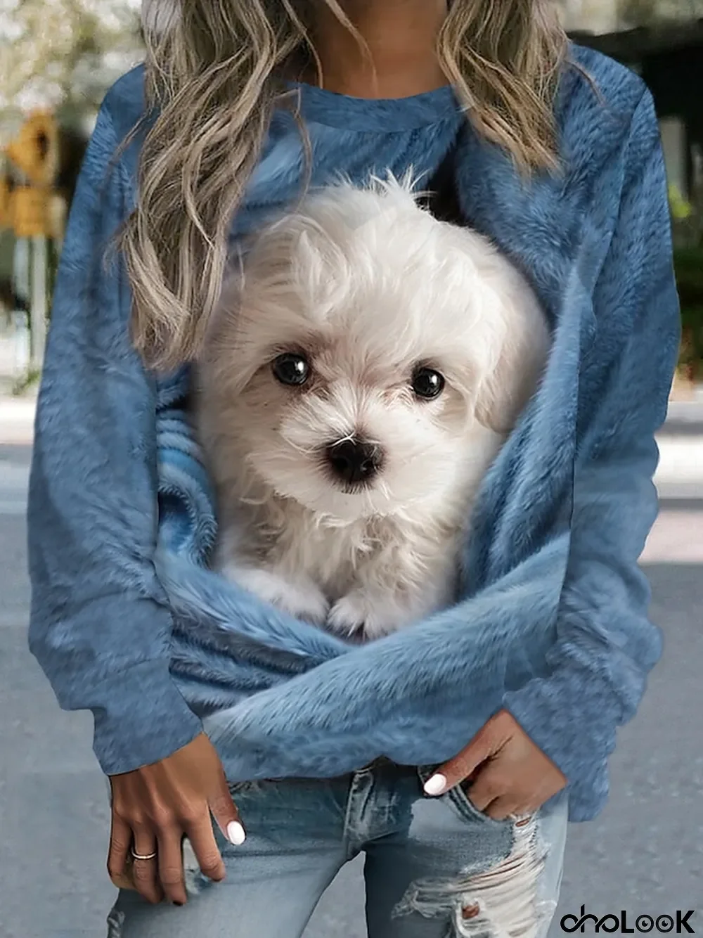 Women's Sweatshirt Pullover Dog Casual Sports Print Blue Sportswear Funny Round Neck Long Sleeve Top Micro-elastic Fall & Winter