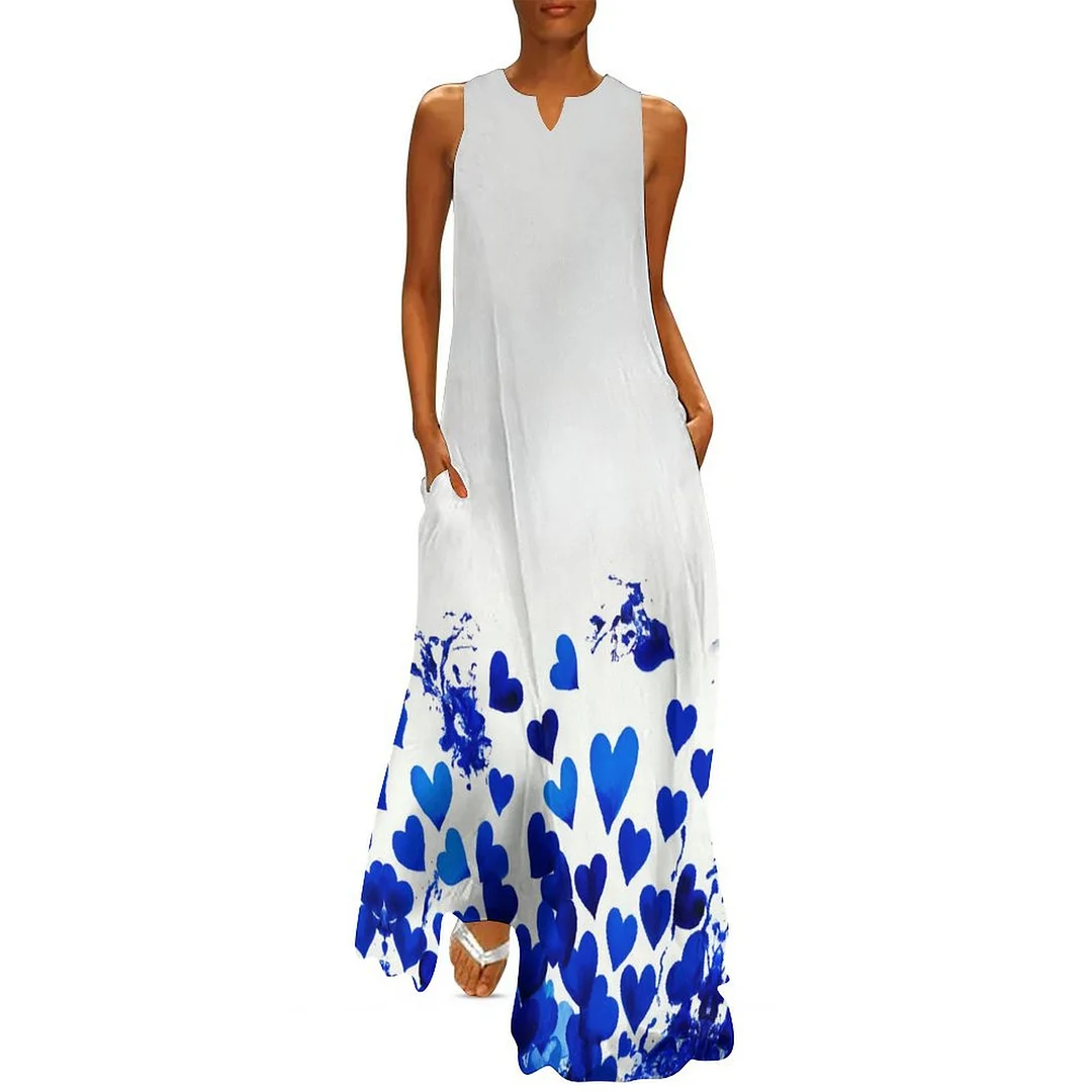 Style & Comfort for Mature Women Plus Size Printed Sleeveless Casual Women Maxi Dress with Pockets in Pattern Hearts, Floral, Blue, Watercolor