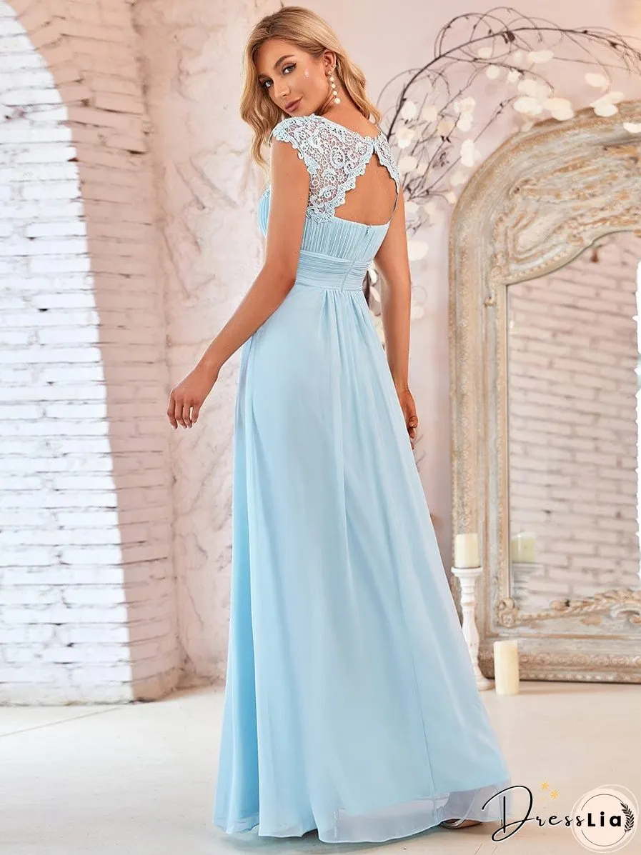 Elegant Lace Cap Sleeve Chiffon Evening Gown with Rhinestone-Embellished Neckline