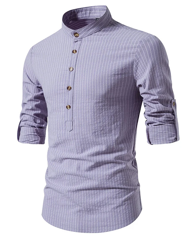 Men's Cotton And Linen Classic Striped Long-Sleeved Shirt 0220