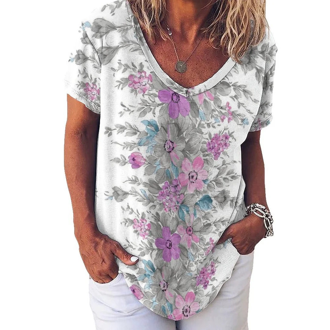 V-neck Short Sleeve Casual T-shirt for  Women Printed with Pattern Floral, Purple, Green