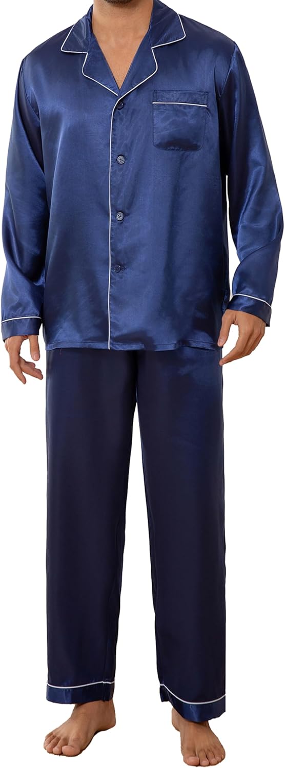 Jupitersecret Mens Satin Silky Pajamas Sets Long Sleeve Sleepwear Button Down Pjs Sets 2 Pieces Loungewear with Pockets