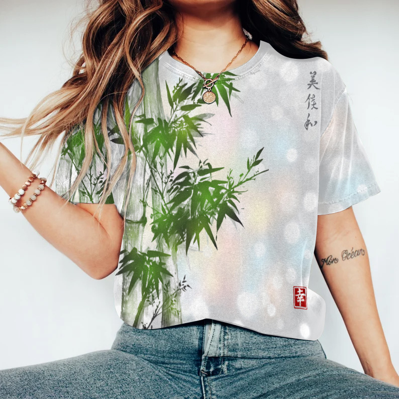 Comstylish Japanese Retro Bamboo Ink Wash Painting Art Linen Casual Cotton T-Shirt