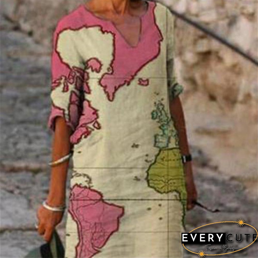 Half Sleeve Earth Printed V-Neck Dress