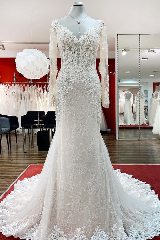 Stunning Long Sweetheart Mermaid Lace Wedding Dress With Sleeves Tulle | Ballbellas Ballbellas