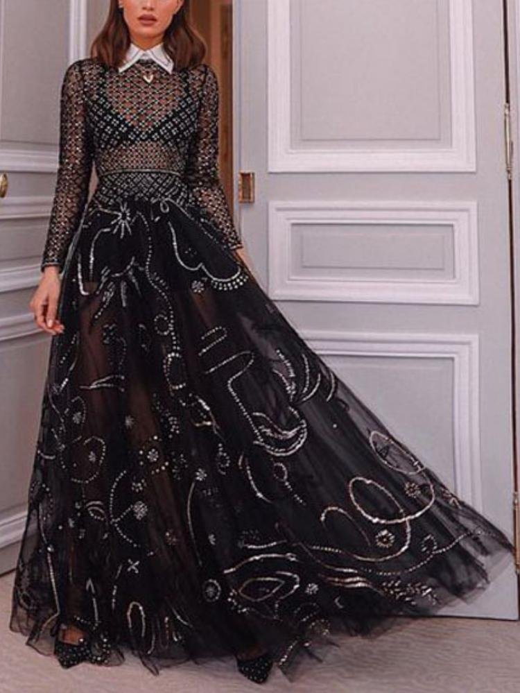 Promsstyle See-through mesh lapel neck shiny sequins A-line evening dress Prom Dress 2023