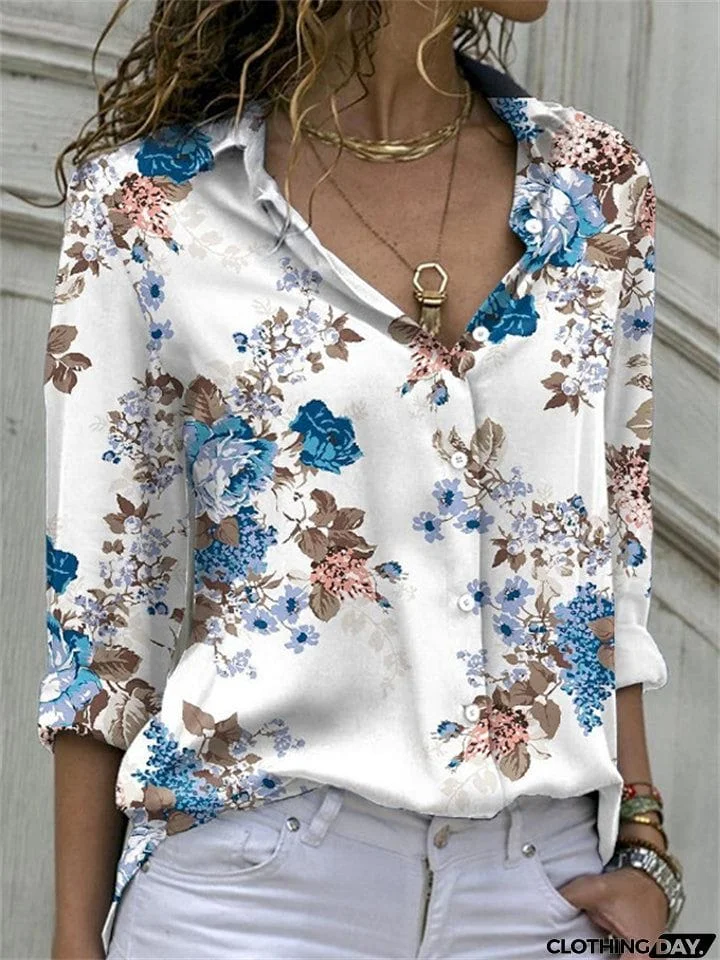 Vintage Floral Print Single-Breasted Long Sleeve Elegant Blouse for Women