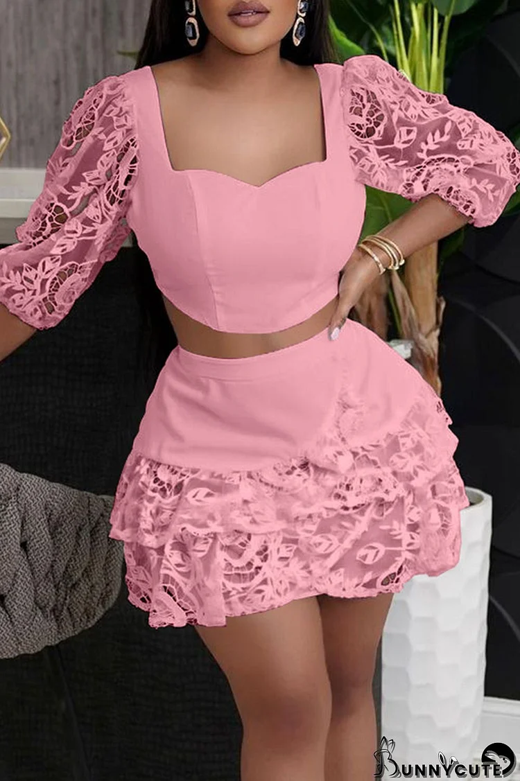 Pink Fashion Sexy Solid Split Joint Backless Square Collar Half Sleeve Two Pieces