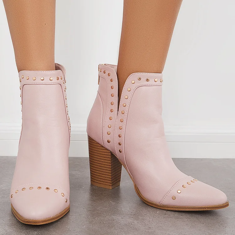 Stud Cowboy Western Booties Cutout Block Chunky Heel Ankle Boots