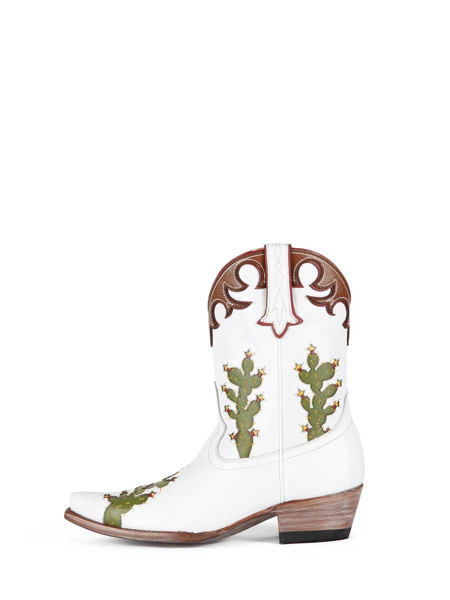 Brown & White Snip Toe Chunky Heel Cactus Embroidery Cowgirl Booties Nicepairs