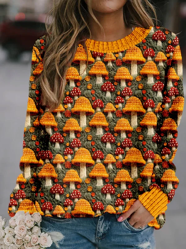 Floral Mushroom Embroidered Cozy Knit Sweater