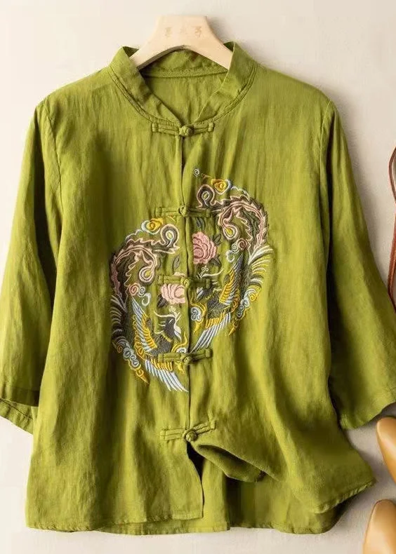 2022 Green Embroideried Linen Shirt Top Half Sleeve
