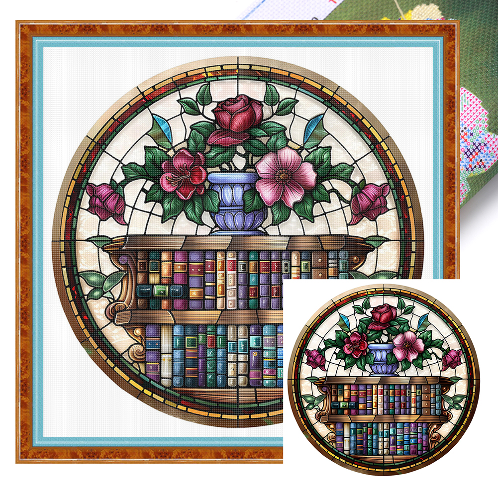 Glass Painting Of Books And Flowers Full 14CT Pre-stamped Canvas(50*50cm) Cross Stitch
